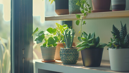 Fototapeta na wymiar Healthy indoor plants basking in the gentle light of a sunny windowsill.