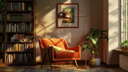 Cozy reading nook with warm sunlight filtering through blinds, highlighting an inviting orange armchair.