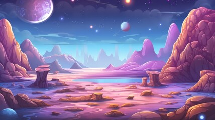 cartoon moonlit landscape with winding paths and majestic mountains under a starry sky - obrazy, fototapety, plakaty