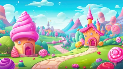 Zelfklevend Fotobehang cartoon Whimsical landscape with candy castles, serene river, and vibrant flora under a clear sky © chesleatsz