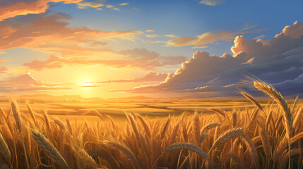 Wheat Field Sunset Landscape: A stunning view of golden wheat fields under the colorful sky of a sunset, capturing the essence of rural beauty and agriculture - Powered by Adobe