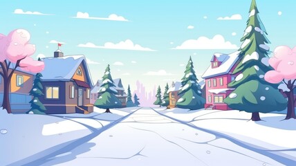 Fototapeta premium cartoon Flat winter landscape. serene snowy village with vibrant houses and tall pine trees under a clear sky