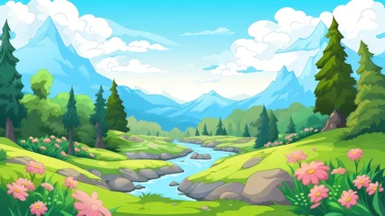 Outdoor kussens cartoon landscape with snowy mountains, a flowing river, and lush greenery under a clear sky © chesleatsz
