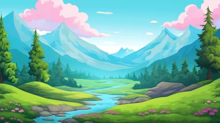 Ingelijste posters cartoon landscape with snowy mountains, a flowing river, and lush greenery under a clear sky © chesleatsz