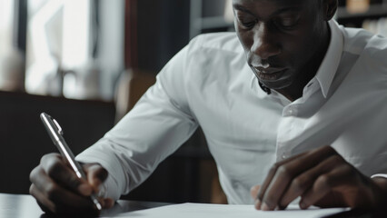 Fototapeta premium Focused businessman reviewing content on smartphone in an office.
