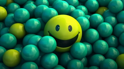 An emoji sitting in a group of different balls and small emojis