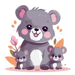 Cute cartoon bear with her two cubs. Vector illustration.