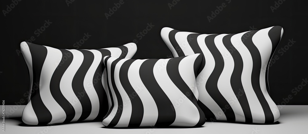 Poster Three black and white striped pillows arranged symmetrically on a table, casting shadows in a monochrome photography style, showcasing the artistic pattern and clean lines of the rectangular shapes