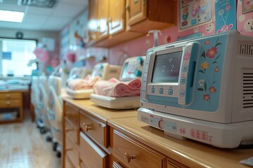 A clinical yet nurturing neonatal intensive care room with multiple incubators and soft decorations - obrazy, fototapety, plakaty