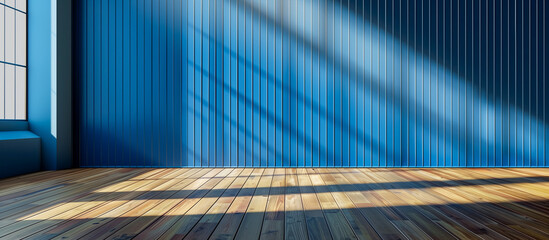 empty modern room of blue blinds wall and wooden floor background