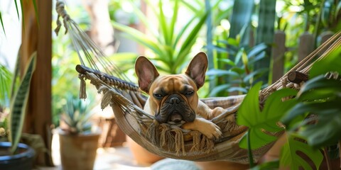 French bulldog relaxes on a hammock surrounded by tropical plants created with Generative AI Technology - obrazy, fototapety, plakaty