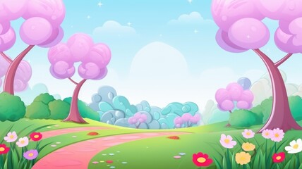 Fototapeta na wymiar cartoon landscape with pink and green trees, a winding path, and colorful flowers