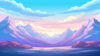 Foto op Aluminium cartoon landscape featuring majestic mountains, a calm lake, and a colorful sky at sunset © chesleatsz