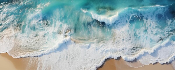 Top View of Beach Sand and Water Panorama. Generative AI - obrazy, fototapety, plakaty
