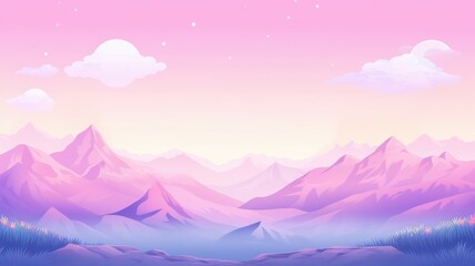 cartoon landscape featuring majestic mountains, a calm lake, and a colorful sky at sunset