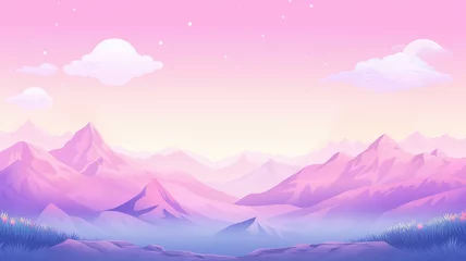 Foto auf Glas cartoon landscape featuring majestic mountains, a calm lake, and a colorful sky at sunset © chesleatsz