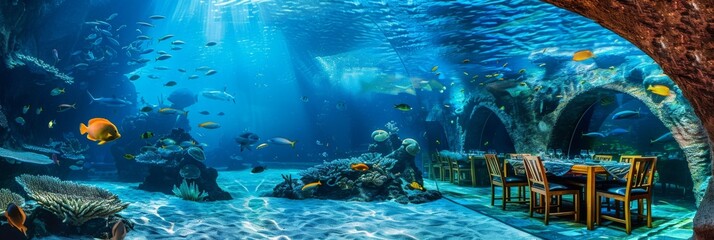 Underwater Restaurant, Blue Undersea View Dining, Hotel Underwater Dinner, Copy Space