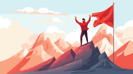 Happy cartoon man standing on mountain top with red - obrazy, fototapety, plakaty