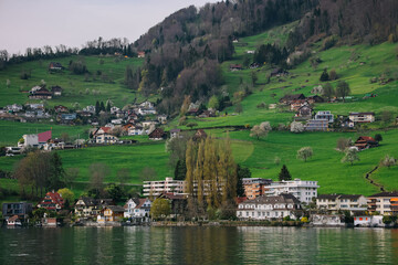 Fototapeta na wymiar Waterview on Swiss village near Lucerne, Switzerland.