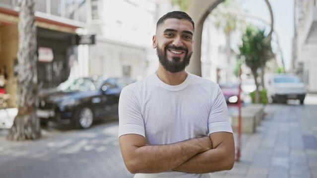 Smiling bearded man standing confidently with arms crossed on a sunny city street.