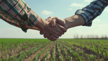 Two individuals shake hands over a growing crop field, symbolizing agricultural deals.