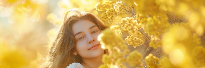 Beautiful Woman in Blooming Mimosa Flowers, Large Flowers, Beautiful Princess, Festive Atmosphere