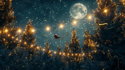Against the backdrop of a starry night sky, yellow Christmas string lights flicker and dance above a forest of evergreen trees.

 - obrazy, fototapety, plakaty