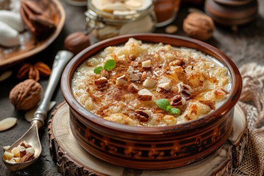 Umm Ali Egyptian Dessert, Egyptian Bread Pudding Made with Sweet Pastry Dough Layers, Milk, Sugar