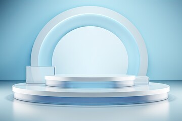Blue Podium Mockup, Glass Frosted Panel Cosmetic Products Background, Cube and Circular Podiums