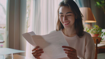 Young woman joyfully reading a letter with natural light from window.