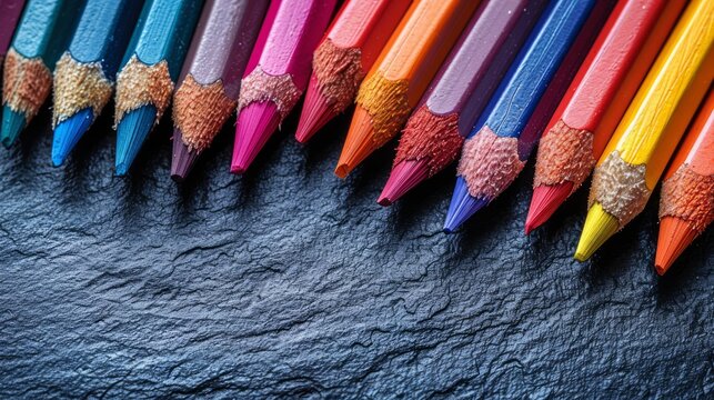 Sharpened colored pencils arrayed on a dark background.