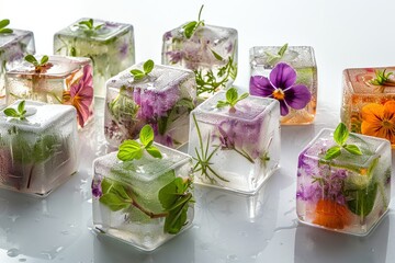 Fototapeta na wymiar A close up of a table with a bunch of ice cubes and flowers. edible flower