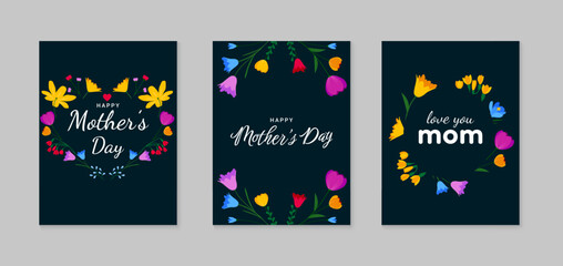 Happy Mother's Day greeting set with colorful flowers. Mother's Day illustration template, greeting card, poster. Vector