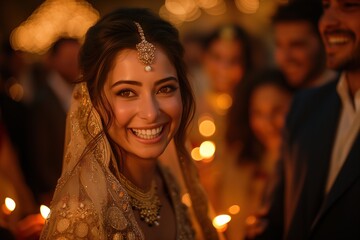 Obraz na płótnie Canvas A gleeful Indian bride with traditional jewelry surrounded by festive lights and smiling