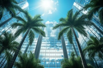 Fototapeta na wymiar Architectural Palm leaves front skyscraper lights. Office tree. Generate Ai