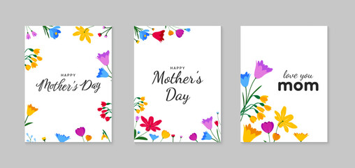 Happy Mother's Day greeting set with colorful flowers. Mother's Day illustration template, greeting card, poster. Vector