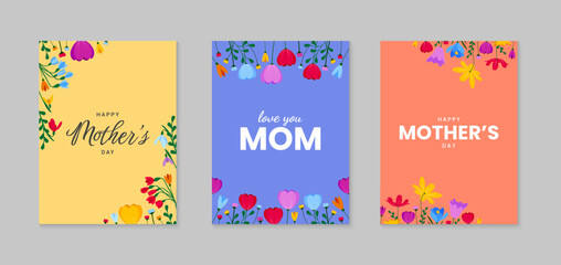 Fototapeta na wymiar Happy Mother's Day greeting set with colorful flowers. Mother's Day illustration template, greeting card, poster. Vector