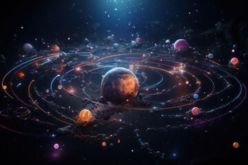 space galaxy holographic map with different various planets and connections between them 