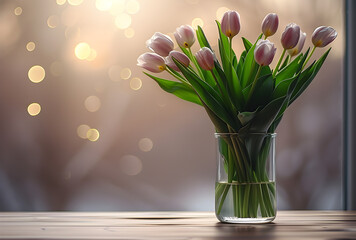 Tulips bouquet in vase on wooden table at kitchen, warm light shine bright from behind, idea for spring background