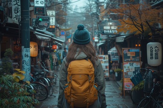 The image captures a lone traveler looking down a bustling alley in Japan, lined with colorful signs and lanterns