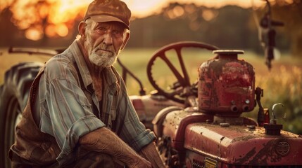Farmer standing beside a tractor with a farming equipment attached - obrazy, fototapety, plakaty