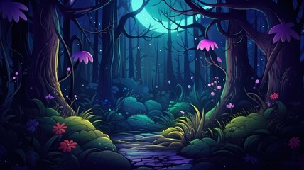 cartoon Enchanted forest path under moonlight, with whimsical trees and glowing flora - obrazy, fototapety, plakaty
