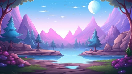 cartoon landscape with serene lake, lush trees, and floating islands under a clear sky