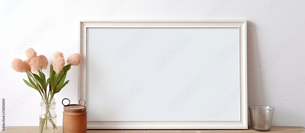 Poster a wooden rectangle picture frame sits on a table next to a flowerpot with a houseplant. a vase of pe