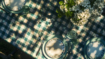 A top view of a picnic table with plates, cutlery, and glasses casting playful shadows on a checkered tablecloth.