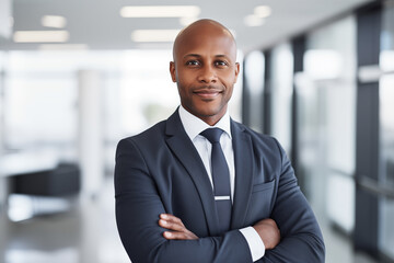 Fototapeta premium success black businessman in gray suit looking at camera smile in the bright office,