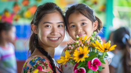 Smiling Student Presenting Flowers for Teachers Day Celebration