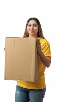 a colombian woman logistic staff wearing shirt holding a big cardboard package, white background