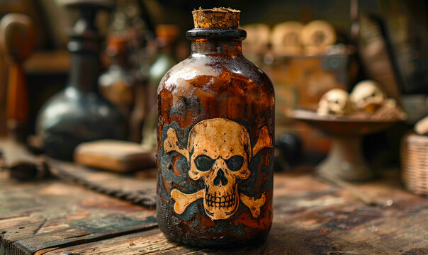 Close-up of a vintage poison bottle with a skull and crossbones label, symbolizing danger and toxic substances