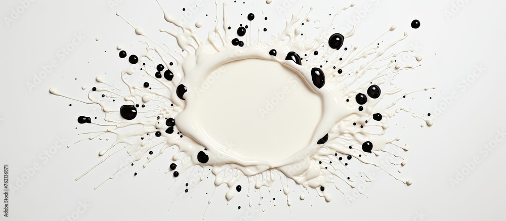 Poster a droplet of milk creates a pattern of black spots on a white surface, resembling a unique macro pho